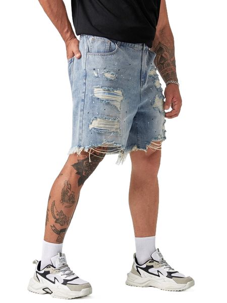 

extended sizes men ink splatter ripped raw hem denim shorts g2fy#, White;black