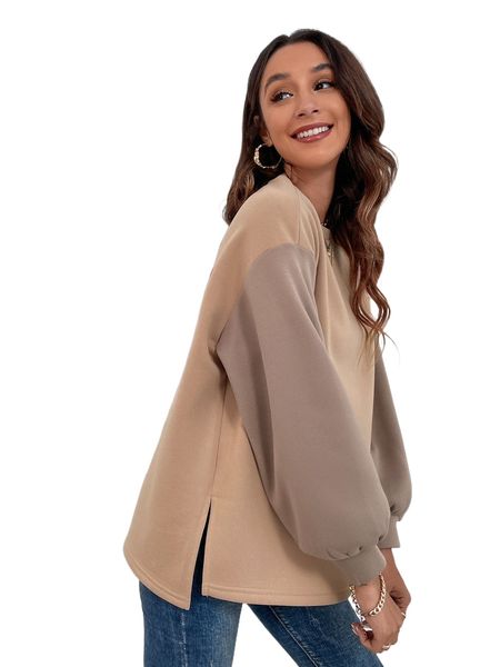 

lantern sleeve two tone split hem sweatshirt s7r0#, Black