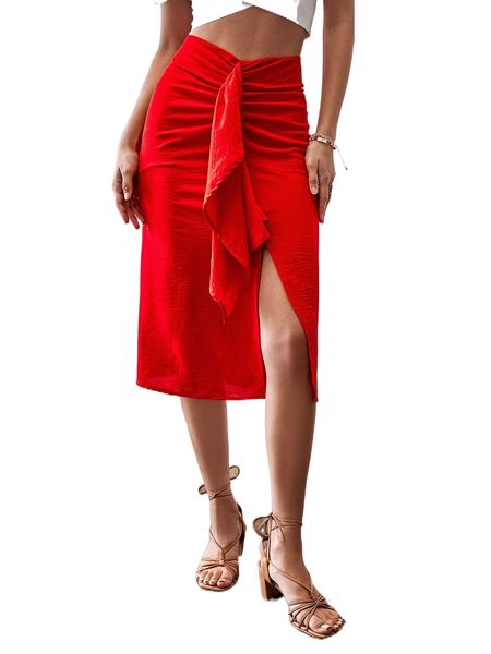 

strap draped split thigh skirt 54lr#, Black