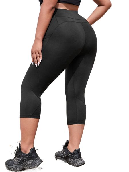 

plus four-way stretch wide waistband sports leggings 141y#, Black