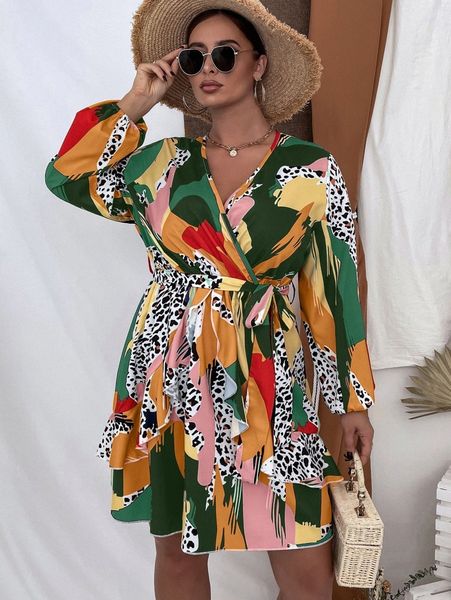 

plus leopard & graphic print ruffle trim lantern sleeve belted dress l2tt#, Black