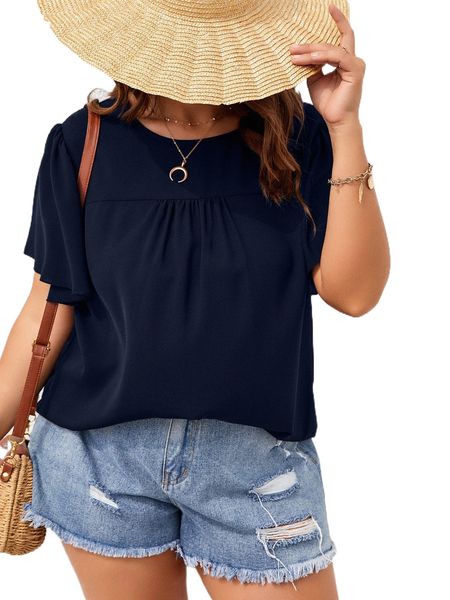 

plus solid keyhole back ruched butterfly sleeve blouse a85h#, Black