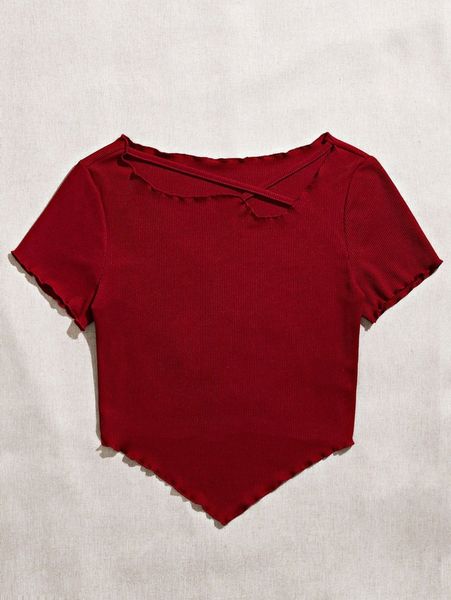 

criss cross asymmetrical neck lettuce trim hanky hem tee m5l6#, White