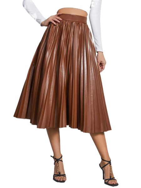 

high waist pu leather pleated skirt h45e#, Black