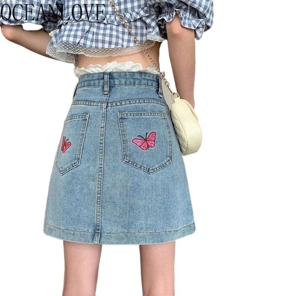 

skirts oceanlove denim mini embroidered butterfly summer lace patchwork mujer faldas high waist 2022 retro woman i7o7#, Black