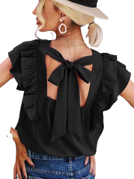

tie back ruffle trim blouse e4qh#, White