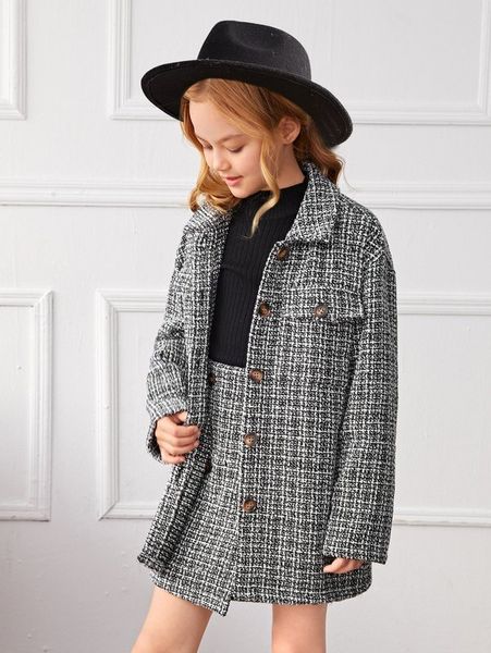 

girls flap pocket drop shoulder tweed coat & skirt she, White