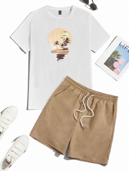 

men tropical & letter graphic tee & drawstring waist shorts t0uv#, Gray