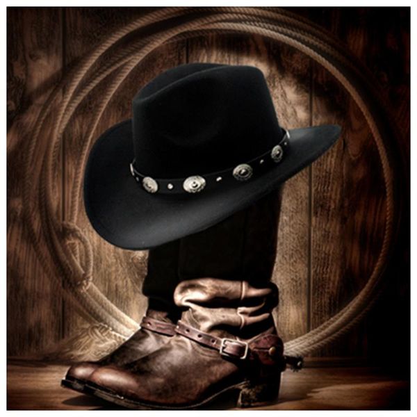 Berets Homem Wool Western Cowboy Hat para Womem Roll Up Brim Cowgirl Jazz Cap com couro Fedora Toca Sombrero Capberets