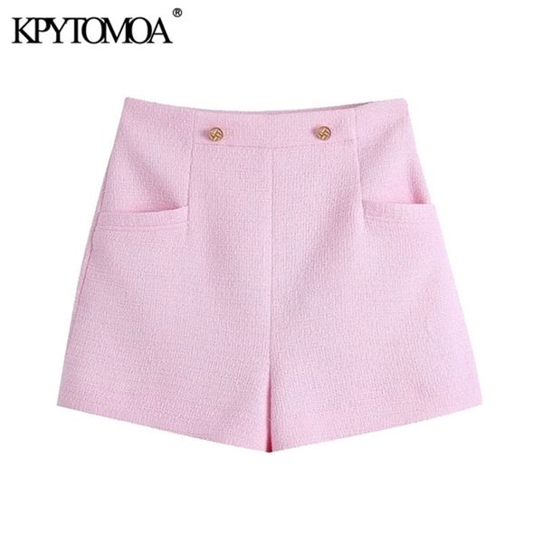 

kpytomoa women fashion with metal buttons tweed bermuda shorts vintage high waist back zipper female short pants mujer 210331, White;black