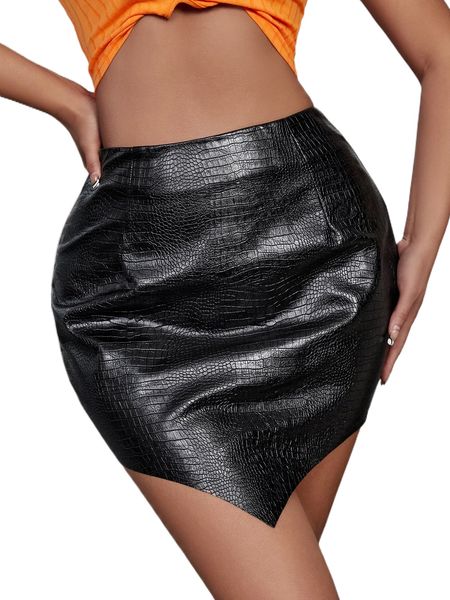 

sxy croc embossed hanky hem pu leather skirt r3m4#, Black