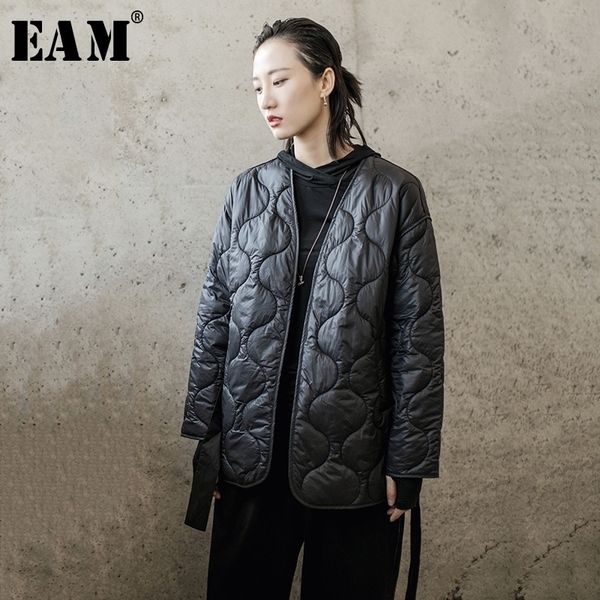 

eam vcollar bandage big size cottonpadded coat long sleeve loose fit women parkas fashion spring autumn 1h314 201027, Black