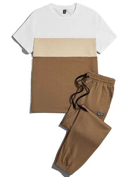 

men color block tee & patch detail sweatpants 36b9#, Gray