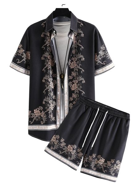 

men floral print shirt & drawstring waist shorts without tee q11e#, Gray
