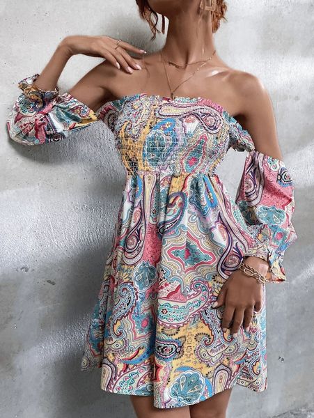 

paisley print shirred bodice bardot dress w6rm#, Black;gray
