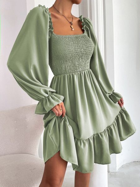

square neck shirred bodice flounce sleeve ruffle hem dress r1ze#, Black;gray