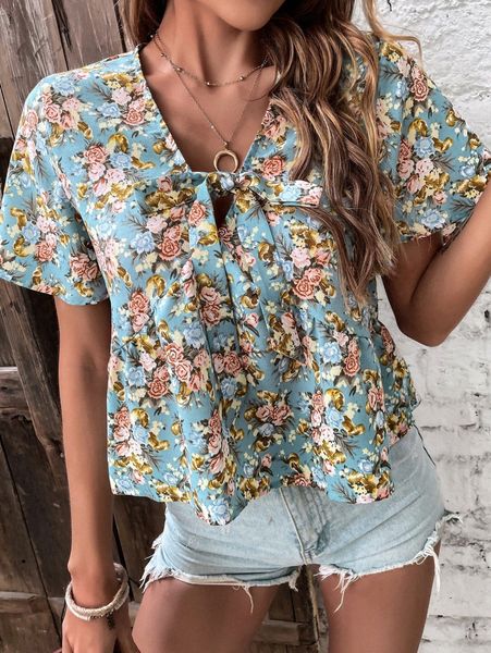 

all over floral print bow front blouse 20ds#, White