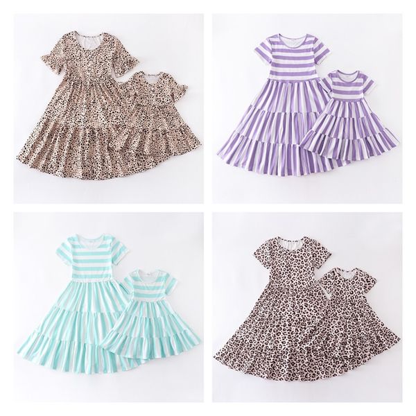 Girlymax Summer Mabd Girls Mommy Me Boutique Детская одежда молоко шелк леопардовый платье с коротким рукавом, детская детская одежда 220531