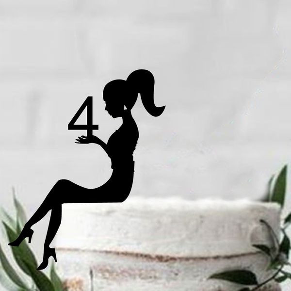 Benutzerdefinierte personalisierte Sex Mädchen sitzende Silhouette Kuchen Topper Acryl schwarz Kuchen Topper Mädchen Geburtstag Party Dekor 220618