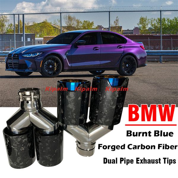 

1 pair mp style car muffler dual pipe forged carbon fiber blue stainless steel exhaust end pipes tips for bmw