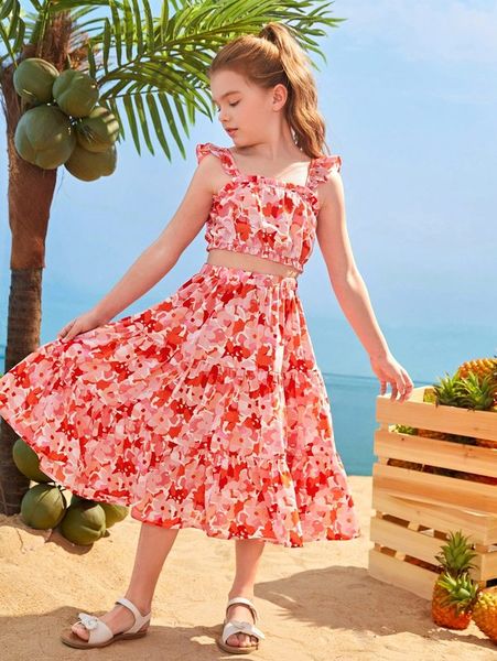

girls floral print cami & flounce hem skirt set she, White
