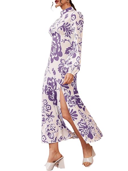 

floral print mock neck split thigh dress d7x5#, Black;gray