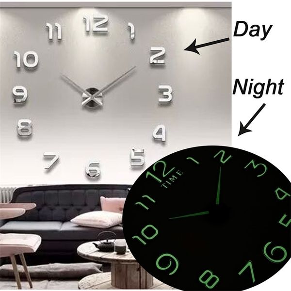 Relógios de parede luminosos relógio grande relógio Horloge 3d DIY acrílico espelho adesivos quartzo duvar saat klock moderno mudo y200110
