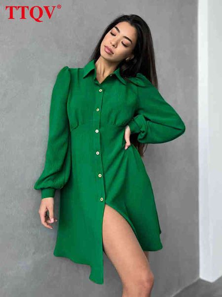 

ttqv fashion lapel green mini dress causal long sleeve single-breasted bodycon dress elegant slim party dresses for women t220804, Black;gray