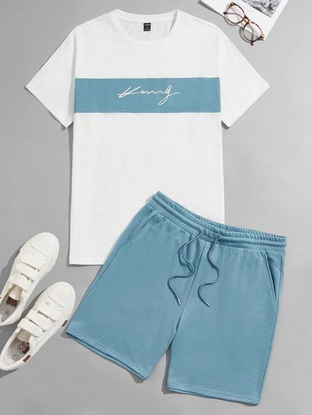 

men letter & colorblock graphic tee & track shorts set x0px#, Gray