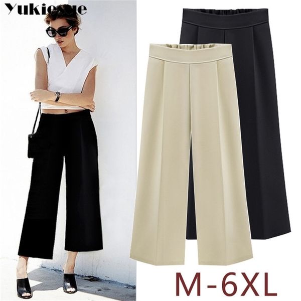 

woman wide leg pants loose casual ankle length pockets female trousers summer high waist elastic straight pants ladies plus size 210412, Black;white