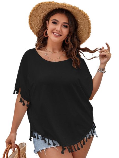 

plus fringe trim batwing sleeve tee o8jt#, Black