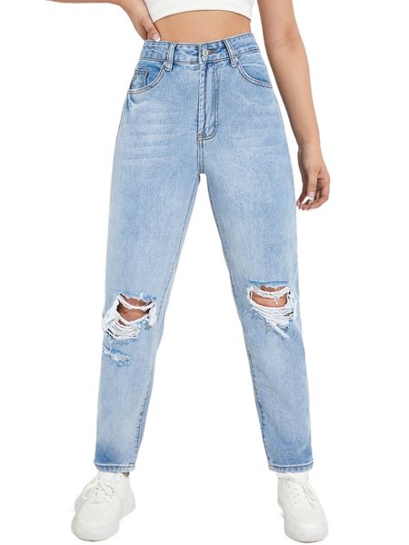

high waist ripped mom jeans j1er#, Blue