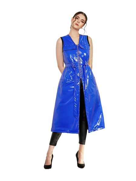 

x geanina zip up buckle belted sleeveless faux leather coat v58k#, Black