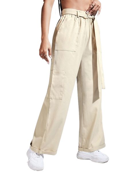

high waist pocket side wide leg belted pants q72b#, Black;white