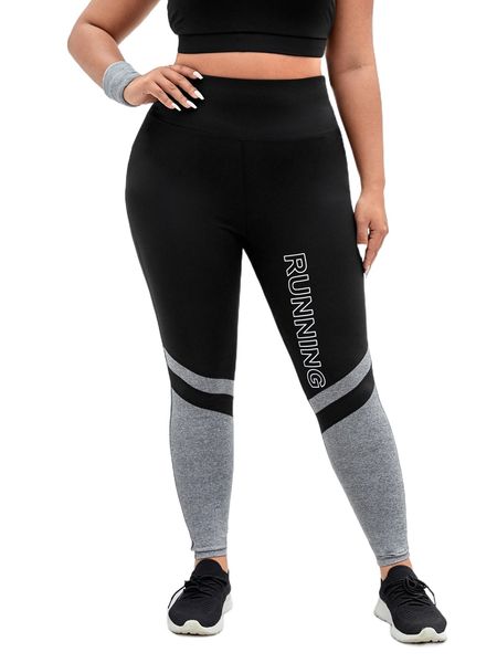 

plus letter graphic colorblock wideband waist sports leggings r1cf#, Black