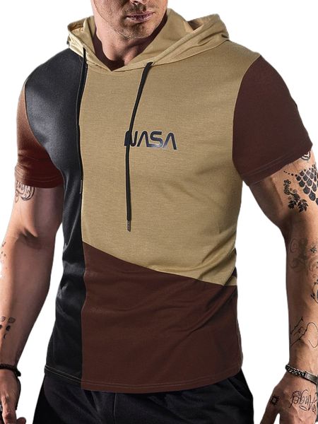 

men letter graphic colorblock drawstring hooded tee k2wh#, White;black