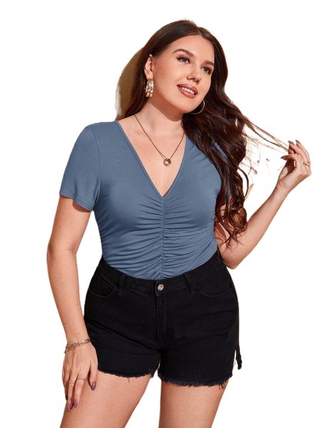 

plus solid ruched v neck tee e071#, Black