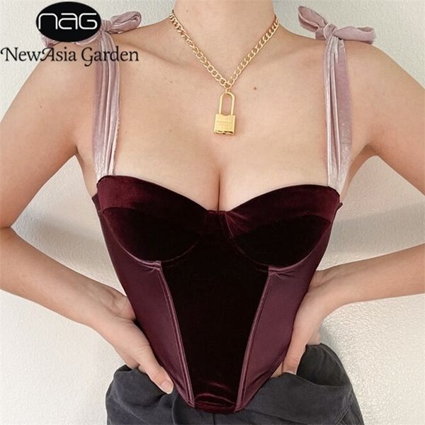 

asia velour corset tie up bow push padded lining underwire boned buttons bustier women summer y2kÂ crop tank 220316, White