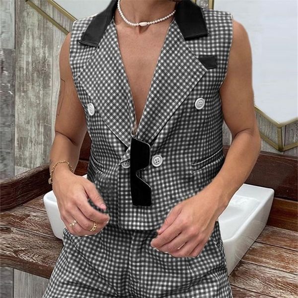 

men sets streetwear plaid patchwork lapel sleeveless vests shorts two pieces fashion casual suits 5xl incerun 7 220708, Gray
