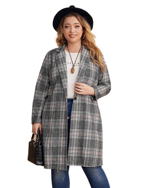 

plus plaid lapel neck single button overcoat c2gu#, Black