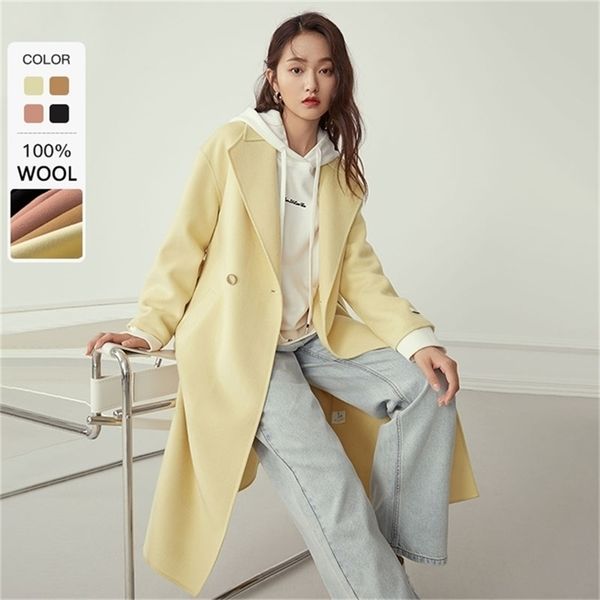 

fansilanen 100% wool blend long women's coat autumn winter cashmere black winter coat female woolen pink jacket overcoat ladies 201215
