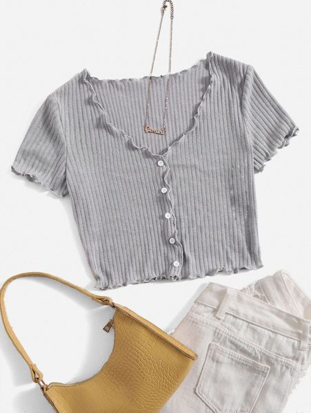 

buttoned front lettuce trim rib-knit tee m1bj#, White