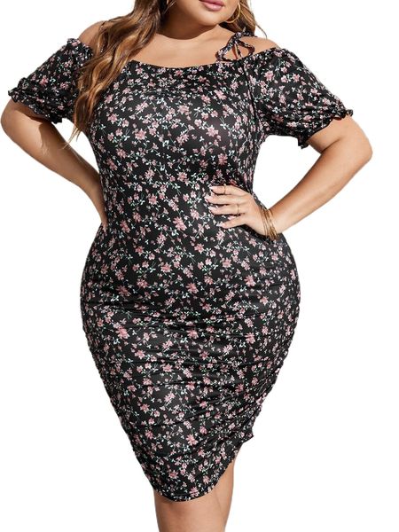 

plus ditsy floral knot cold shoulder ruched bodycon dress j2ie#, Black