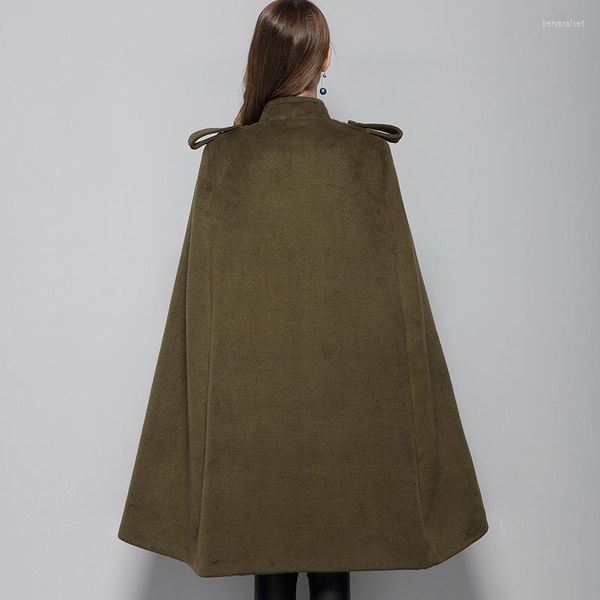 Cappotto da donna in misto lana allentato con maniche a pipistrello Cappotto da donna di lusso con colletto alla coreana Doppio petto Cappotti lunghi in lana Solido invernale Verde militare Bery22