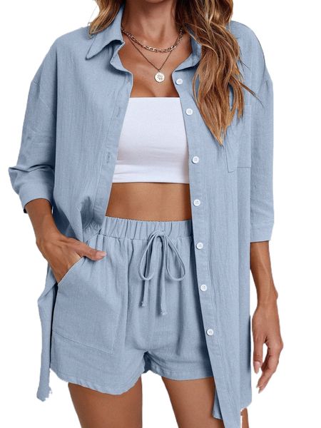 

button up drop shoulder blouse with shorts g78h#, White