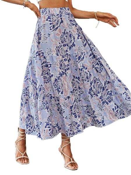 

allover floral print ruffle hem skirt b4yu#, Black