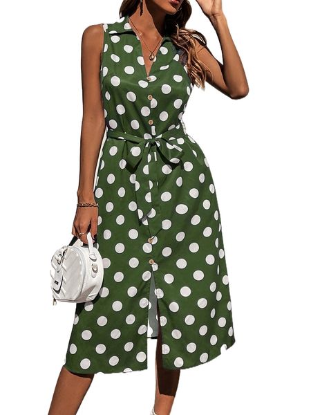 

polka dot split hem belted dress p7nz#, Black;gray