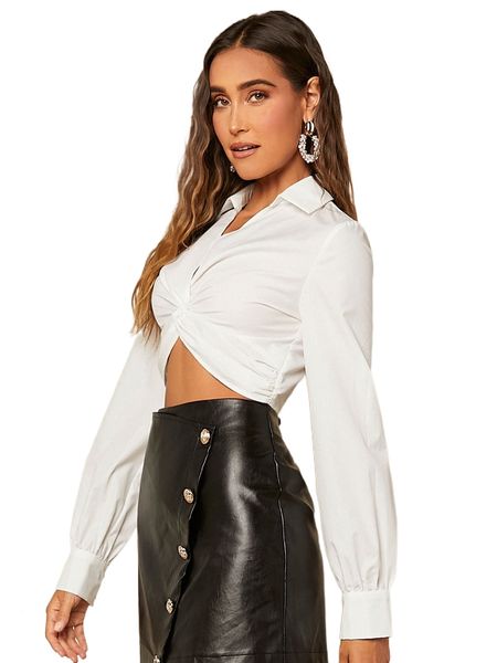 

twist front crop shirt 41xe#, White