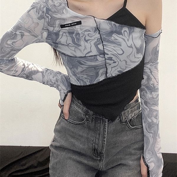 

sylcue mesh asymmetrical yamamoto sleeve t-shirt cute slope neck ruffles fashion autumn crop chic 220408, White