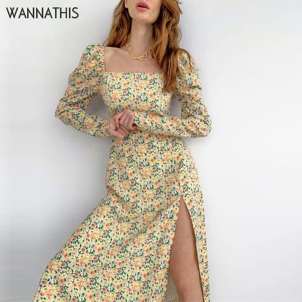 

floral print midi dress women long sleeve puff sleeve side split lady elegant square collar casual floral long dresses, Black;gray